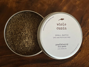 Whole Cumin in tin small batch no GMO no pesticides. excellent for taco seasoning, meats, and vegetables. try toasting then grinding for heightened flavor
